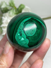 Load image into Gallery viewer, 45mm Malachite sphere with crystal info card Z24
