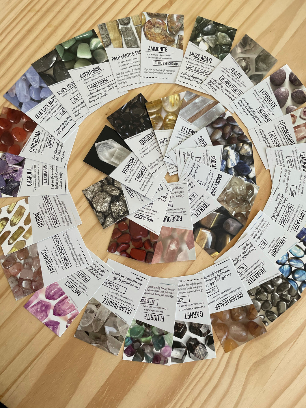 Set of 45 Assorted Crystals information card with affirmation, meaning